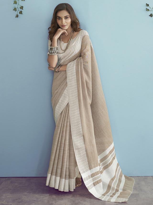 Satrani Women's Cotton Self Woven Saree With Unstitched Blouse Piece (3095S736N_Light Brown & White)