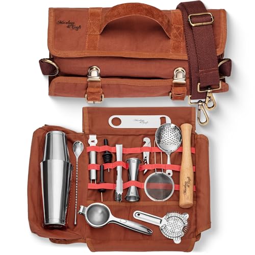 Travel Bartender Kit Bag | Professional 17-Piece Silver Bar Tool Set with Portable Bar Bag...
