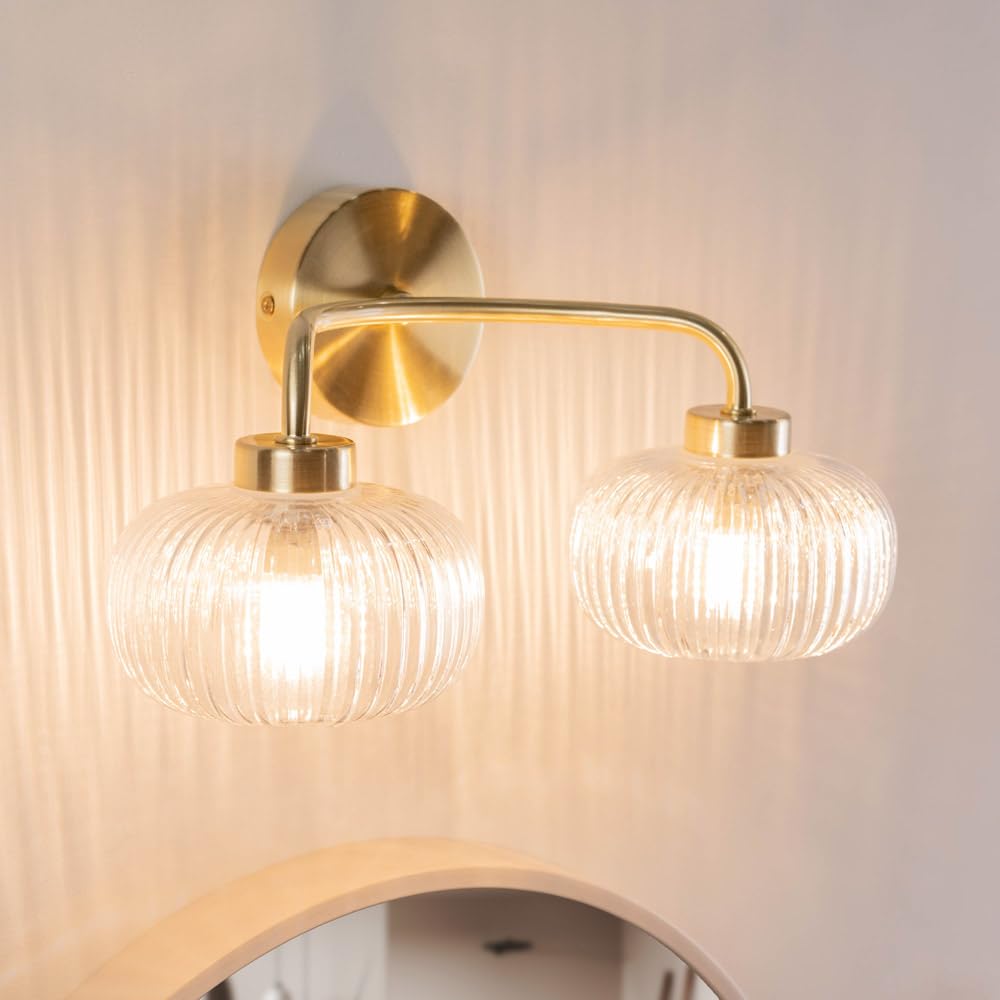 Valuelights Unisex Gold Amaia Brushed Ip44 Rated 2 Way Clear Ribbed Glass Wall Light W/ Led Bulbs