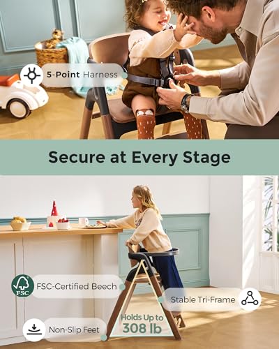 Image of Momcozy High Chair, 5-in-1 Convertible Wooden High Chair with Food-Grade Tray, Baby Set with Removable Harness and Toddler Tower, Highchair for 6 Months to 308 lb, Adjustable & Ergonomic, Walnut