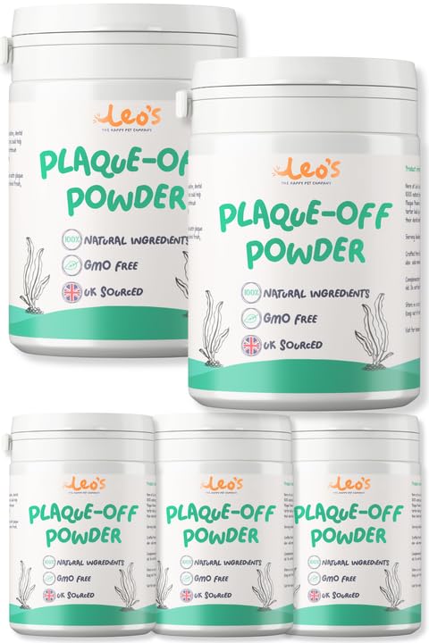 LEO's Plaque Off Powder for Dogs & Cats | 5 x 200g | Pet Teeth Cleaning | Cat & Dog Breath Freshener Food Topper | 100% Natural | No Dog Toothbrush or Dog Toothpaste | Plaque Remover for Dogs & Cats