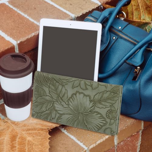 Image of CoBak Premium Leather Checkbook Cover - RFID Blocking, Classic Design, Slim & Durable - Perfect for Personal & Business Checks,Green Embossed Narcissus