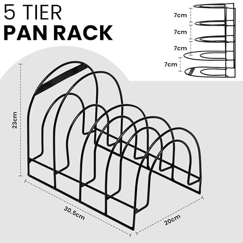 Image of Livzing 5 Tier Pan Rack Organizer for Kitchen | Heavy Duty Metal Pot & Pan Stand | Space Saving Cookware Holder for Tawa, Frying Pan, Kadai | Cabinet & Countertop Storage Rack (Black, 30.5x20x23 cm)