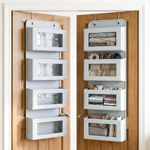 Image of CLAPONE Over the Door Organizer /Large Pockets - Anti-Tilt Hanging Storage for Bedroom /Closet Door Storage /Bathroom /Pantry /Nursery /Bedroom (Light Grey, 4 Shelf Hanging Door)