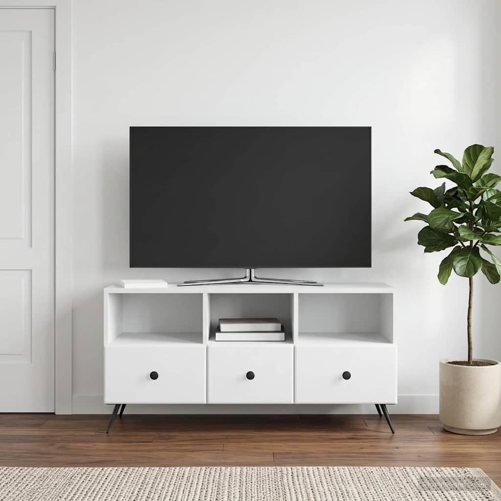 Mobile TV con cassetti, in legno bianco, 102 x 34,5 x 50 cm, credenza per soggiorno, camera da letto, con gestione dei cavi e ripiano versatile per gaming, angolo e stoccaggio
