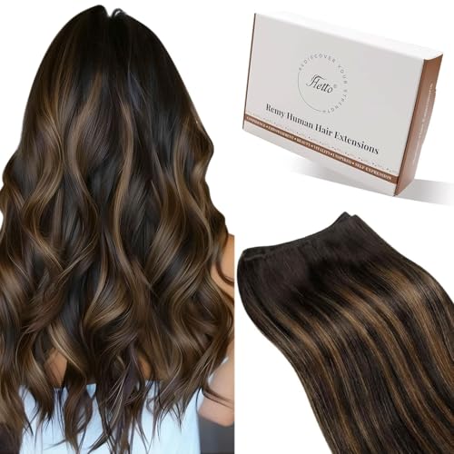 Hetto Sew in Hair Extensions Real Human Hair Balayage Brown Weft Hair Extensions Human Hair Dark Brown Balayage Light Brown Sew in Human Hair Extension for Woman Straight 16 Inch 80G