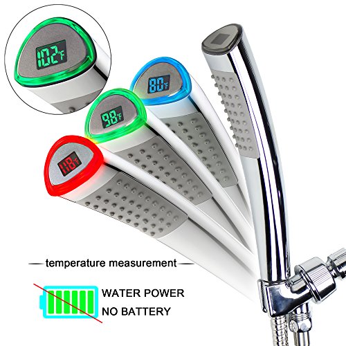YOO.MEE LED Thermometer Handheld Shower Heads, Water Powered Light to Display Fahrenheit, Special for Skin Showering, Child and Pet Shower, Shower Accessories w/ 79'' Hose, Bracket, Polished Chrome - Thumbnail 2