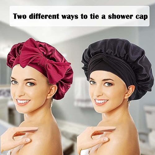 WUBAYI 2PCS Satin Bonnet, Silk Bonnet Hair Wrap for Sleeping Hair Bonnet for Bath Tie Band for Women Long Curly Braid Hair (Black, Red) - Image 3