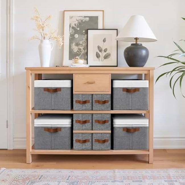 GRANNY SAYS Small Fabric Storage Bins with PU Handles, Storage Baskets for Shelves, Perfume Storage, Narrow Baskets for Organizing DVD, Photos, Aromatherapy, Scarf, Diaper, Cd, 3-Pack, Gray