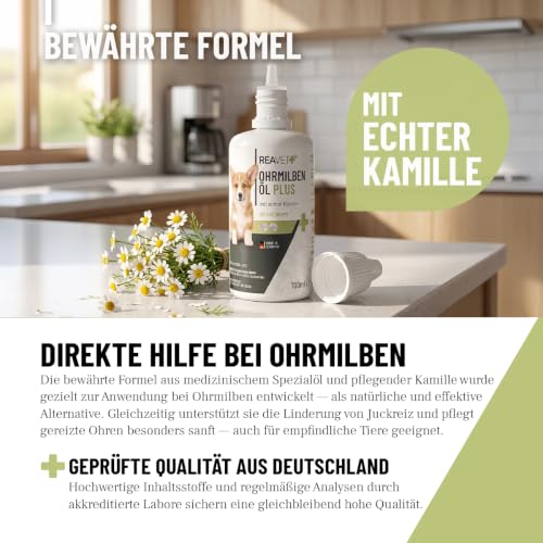 ReaVET Ohrmilbenöl Plus 100ml sofort wirksames Mittel für Hunde – gegen Ohrmilben mit Kamille, Sanfte Pflege bei Juckreiz im Ohr, Ohrentropfen Milben, Ohrenreiniger