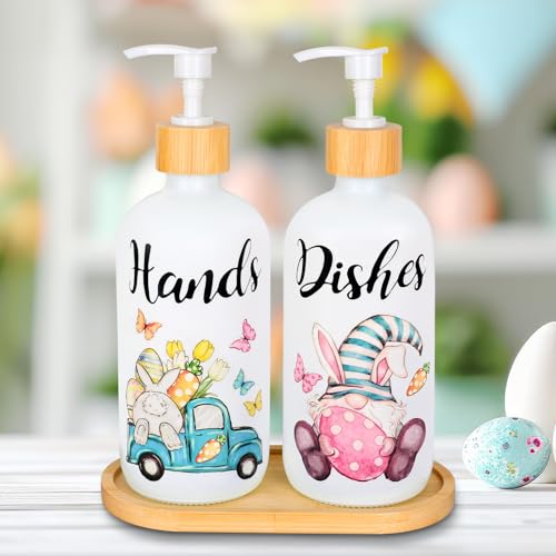 JarThenaAMCS 2Pcs Easter Soap Dispenser Refillable Liquid Container Bunny Gnome Egg Truck Glass Soap Dispenser with Pump for Kitchen Bathroom Decor