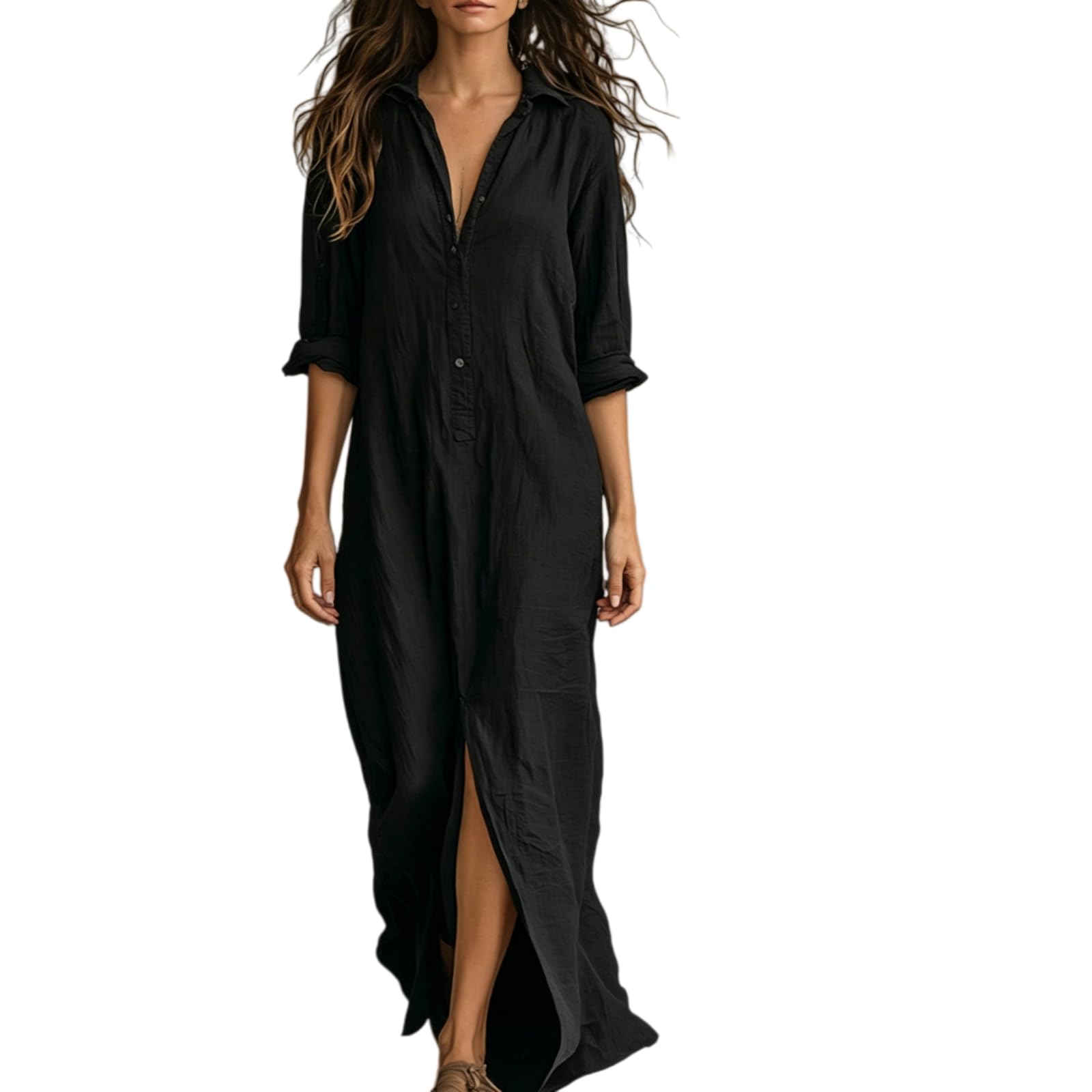 Generico Maxi Abito Casual da Donna a Maniche Lunghe, Stile Bohémien, con Colletto e abbottonatura Frontale – Ideale per Le Vacanze al Mare
