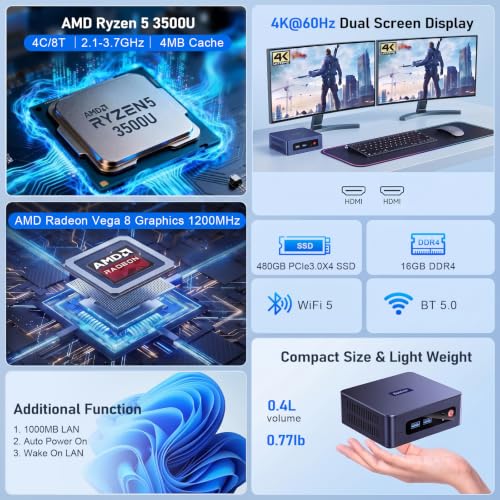 Beelink SER3 Mini PC AMD Ryzen 3500U Mini Computers, 16G DDR4 480G PCIe3.0 SSD, Dual HDMI 4K 60HZ Display, WiFi 5 BT5.0 Home Office Business Desktop PC - image 2