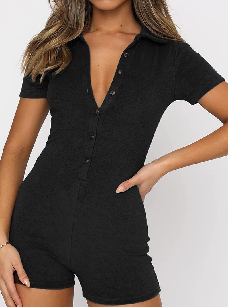 Combinaison moulante à manches courtes pour femme - Couleur unie, Noir , L