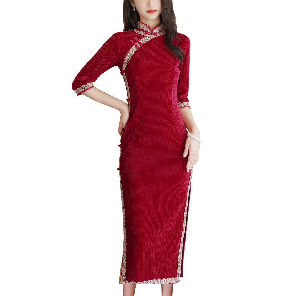 GenericDeluxe Women's Long Cheongsam Dress Corduroy Half Sleeve Side Slit Bodycon Slim Fit Mid Calf Chinese Qipao