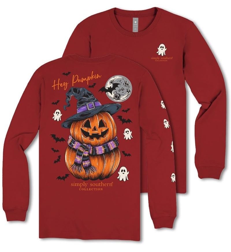 Simply Southern Hey Pumpkin - Halloween - Jack O'Lantern - Pumpkins - Ghosts - Bats - Moon - Witch Hat - Adult Long Sleeve