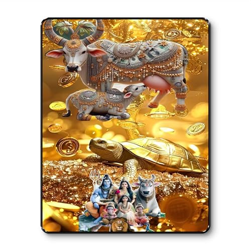 Image of SAF Divine Cow Kamdhenu Tortoise Shiva Family Gold Coin Wall Art | Vastu Black Frame Sparkle Laminated Painting | Positive Energy, Wealth & Protection Home Decor (14 Inch x 11 Inch) K-36117