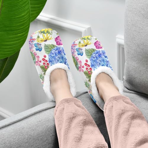 Naanle Women's Slippers Watercolor Hydrangea Fuzzy Fleece Warm Comfy Bedroom Shoes Home Slippers with Anti-Slip Sole2