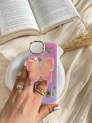 Image of COVERLY for iPhone 15 Pro Max 3D Luxury Butterfly Resin Stand Phone Case,Trendy Mirror Pop Cute Makeup Art Crystal Clear -Non Yellowing Love Heart Pearl Princess Cover for Apple iPhone 15 Pro Max