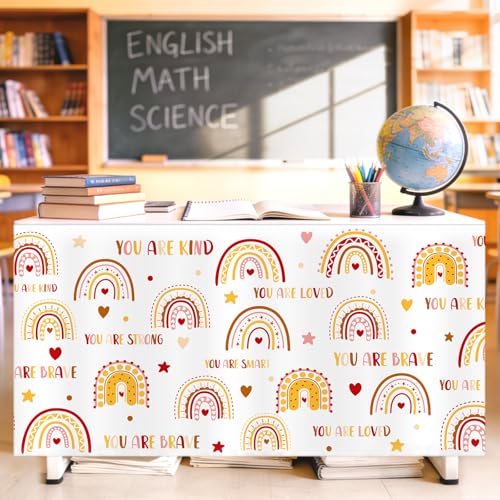Image of 9FT Boho Rainbow Table Skirt Colorful Teacher Desk Skirt Classroom Desk Skirts for Back to School Decor Classroom Table Skirts for Back to School Supplies Office Bookcase Cabinet Decorations
