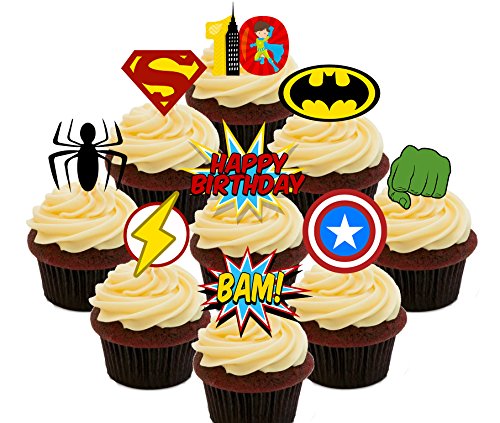 10. Geburtstag Superheld Essbare Cupcake Topper  Stand-Up Wafer Kuchen Dekorationen, Pack of 36
