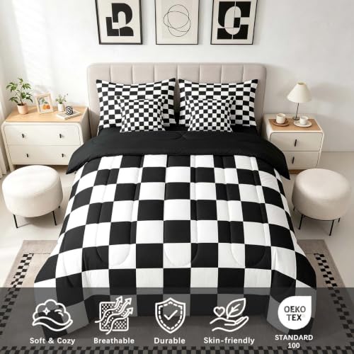 Image of Feelyou Checkered Retro 7 Piece Bedding Set Teen Women Men Black White Plaid Comforter Set with Sheets Twin Size Kids Boys Geometric Vintage Bed in a Bag Modern Simple Groovy Aesthetic Room Decor