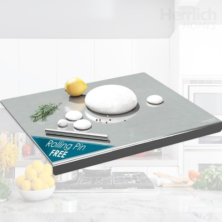Stainless Steel Chopping Board with Lip for Kitchen | Free Rollin Pin | Non Slip| Rust Proof | Easy to use| Round Edge| for Cutting Vegetables, Meat,Fish,Fruits | Large | 40 x 30 cm (B0DC4H1P2V) Amazon Price History, Amazon Price Tracker