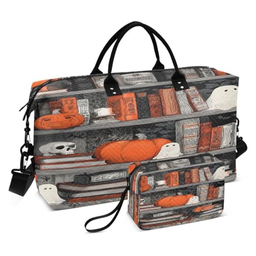 Skeleton Skull Book Bookworm Halloween Travel Duffle Bag Gym Bag Weekender Bags with Toiletry Bag Travel Trip Tote Bag