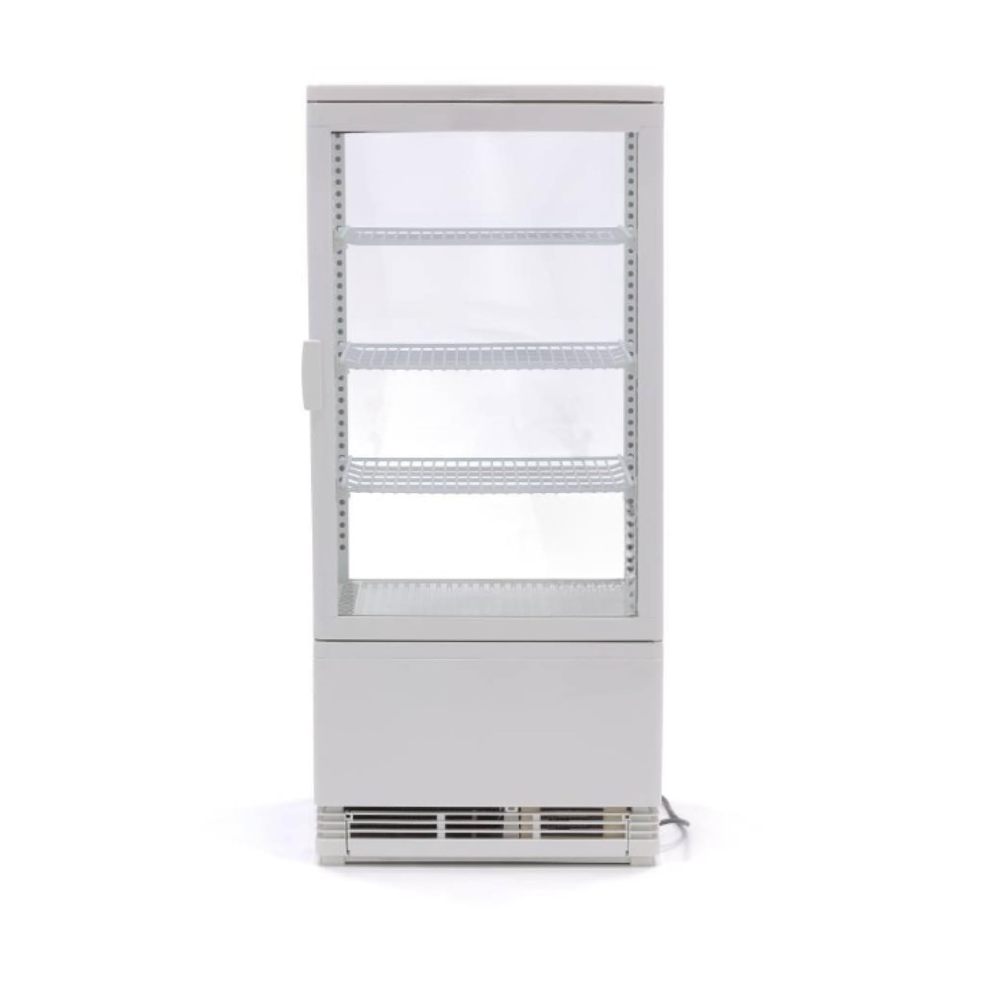 Vitrina refrigerada panorámica blanca 78L – 4 caras acristaladas – Frío ventilado – Iluminación LED – Temperatura 0 a 12°C – Compacta y moderna