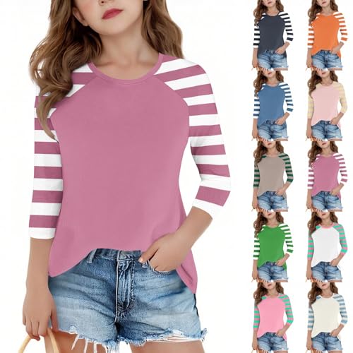 Girls Long Sleeve Raglan T-Shirts Kids Casual Striped Crewneck Patchwork Top Tops Basic Loose Tees for 4-15 Years2