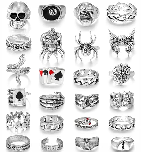 YANJINMY 24 Pcs Vintage Silver Knuckle Rings for Women Punk Cool Gothic Skull Snake Spider Chunky Ring Set Knuckle Stackable Finger Ring Pack