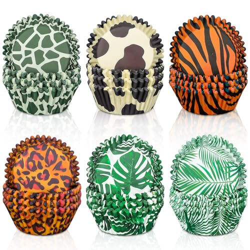 Whaline 600Pcs Tropical Hawaiian Themed Cupcake Liners Animal Print Leopard Zebra Baking Cups Safari Jungle Muffin Cupcake Wrappers Holders for Summer Baby Shower Birthday Party Supplies