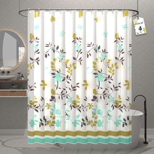 Image of Kuber Industries Pack of 4 Washable Bathroom Shower Curtain 6 Feet with 12 Plastic Hooks | Quick-Drying & Easy to Clean Washroom| JY-2-1 | Multicolor Leafs