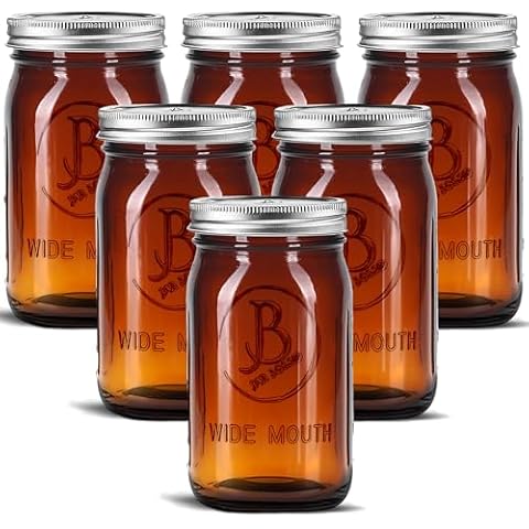 Amber Wide Mouth Mason Jars 32 oz - (6 Pack) - Amber Glass Quart Mason Jars With Airtight Lids and Bands. For Storage, Canning, Fermenting, Meal Prep, Cold Brew Coffee, Microwave & Dishwasher Safe Cover