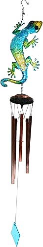 Miniatura 1 de Ebros Gift Carillón de viento de metal de cobre caprichoso camuflaje verde amarillo azul camuflaje Gecko Lizard 40 pulgadas largo resonante ruidoso