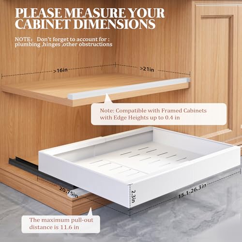 4 Pack Expandable Pull Out Cabinet Organizer 21"Deep With Raising Pad for Framed Cabinets,Upgrade 3 Slide Rails Slide Out Drawers,No Drill Roll Out Shelves,Adjustable Width 15.1"-26.3" White