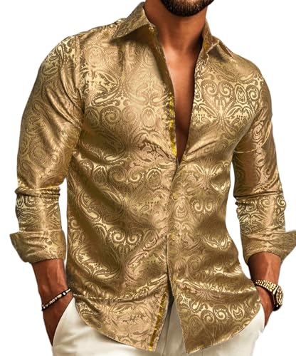 Barry.Wang Mens Casual Long Sleeve Shirts Silk Button Up Novelty Paisley Formal Dress Shirt Western Mexico Cowboy