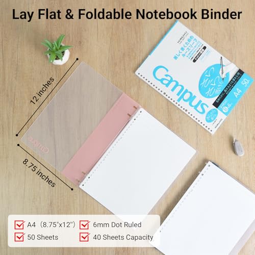 Image of KOKUYO Campus 2x2 Spiral Binder Notebook Set, A4 Refillable Notebook + 50 Refill Papers with 6mm Dot Ruled, 40 Sheet Capacity, Light Pink, Perfect for Work, Study & Journal