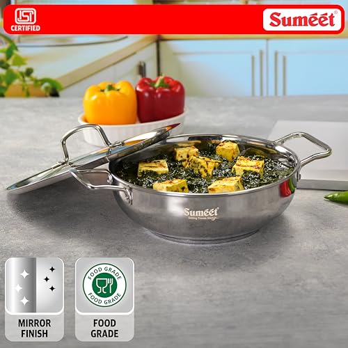 Image of Sumeet ISI Certified Stainless Steel Kadai with Steel Lid & Encapsulated Heavy Bottom |Induction and Gas Compatible | 1.9Ltr Capacity - 22cm Dia, Silver