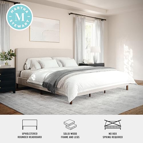 Image of Martha Stewart Britta Platform Bed with Headboard & Footboard, Faux Linen Upholstery with Piping Detail, Rounded Headboard, No Box Spring Needed, King, Beige