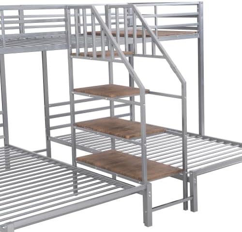 Metal Triple Bed with Storage Shelves and Staircase, Twin Over Twin Metal Bunk Bed Frame for Kids & Teens (Silver, Twin)