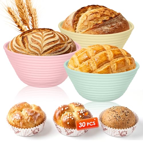 Yiopaun Banneton Bread Proofing Baskets: 3 Pack Silicone Sourdough Starter Kit - 5'' Round Collapsible Non-Stick Dough Bowls with 30 Baking Liners (Green/Yellow/Pink)