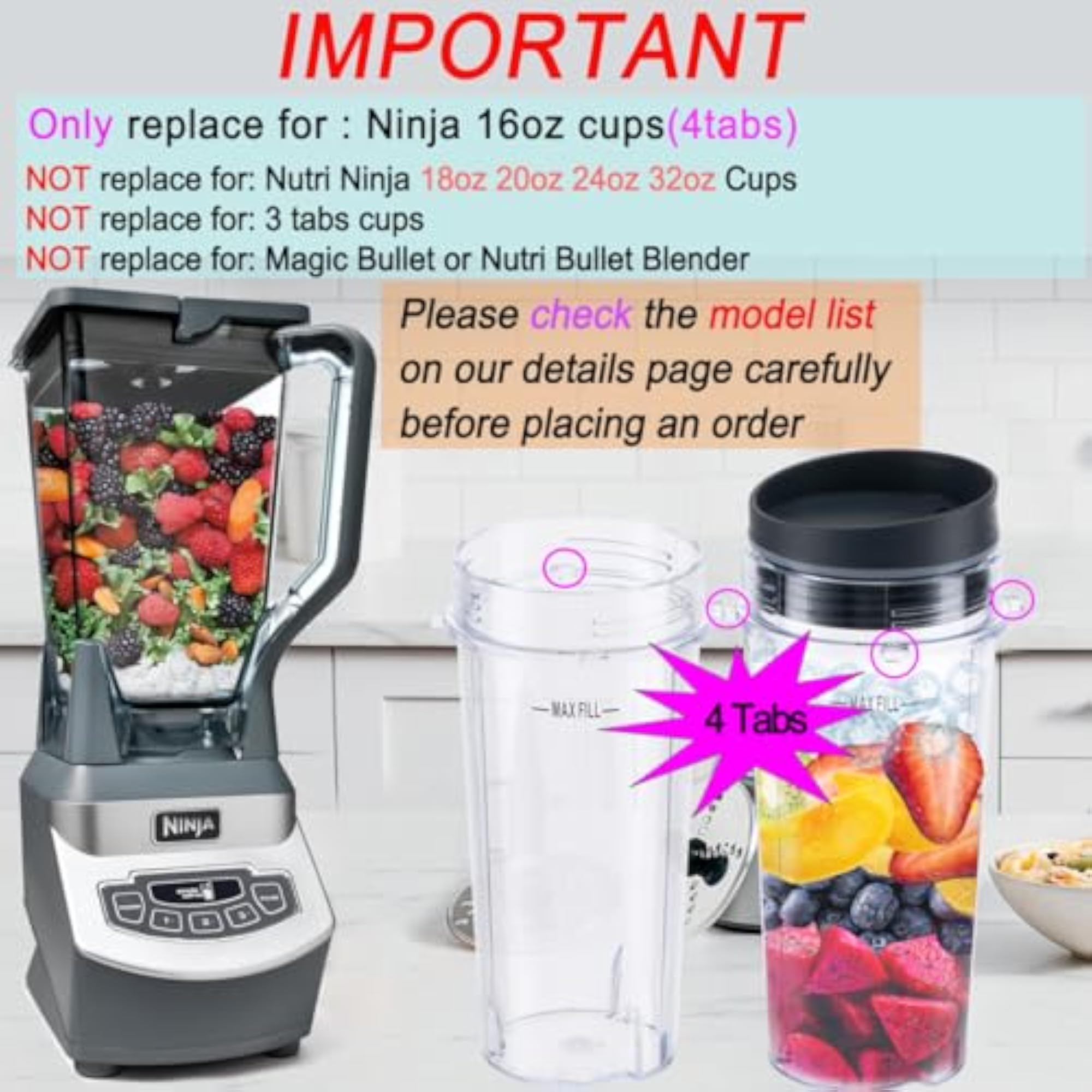 16oz Blender Cup Set for Ninja Replacement Parts