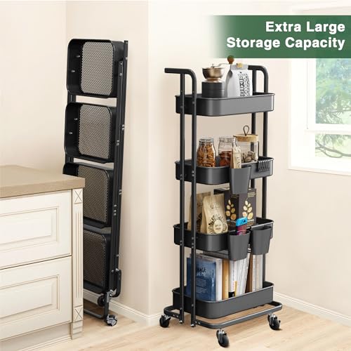 Image of DTK 4 Tier Foldable Rolling Cart, Metal Utility Cart with Lockable Wheels, Folding Storage Trolley for Living Room, Kitchen, Bathroom, Bedroom and Office, Black