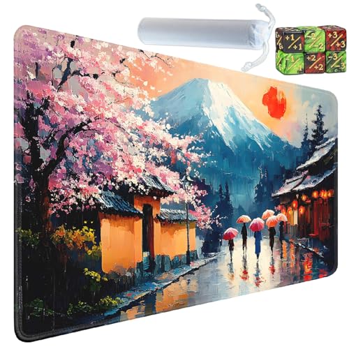 Yuxcfhjfe Playmat for MTG, 24x14 Inches, for TCG and CCG Trading Card Game Mat, Non-Slip Rubber for MTG Playmats with Storage Bag and 6 Dice Set, Sakura Trail A Walk in The Rain
