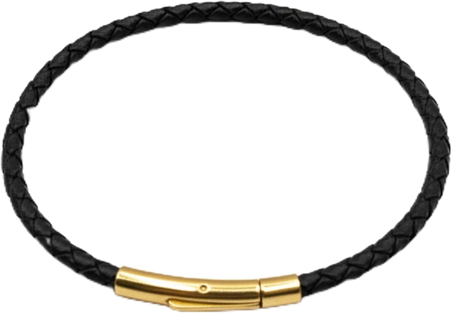 Leporem 18K Gold Plated Black Braided Leather Bracelet Push Lock Clasp