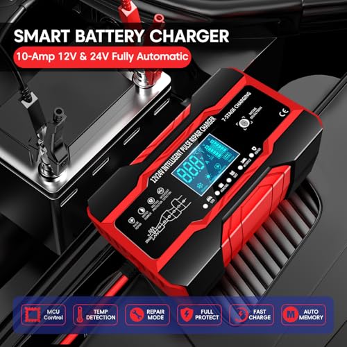 Image of Sounce 10-Amp 12V & 24V Fully Automatic Smart Car Battery Charger: Battery Maintainer, Trickle Charger & Desulfator with Intelligent LCD Display, Advanced Repair Mode - Compatible with AGM, Gel, SLA