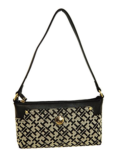 Tommy Hilfiger Top Zip Shoulder Bag Handbag Purse (Black/Beige Small Logo)