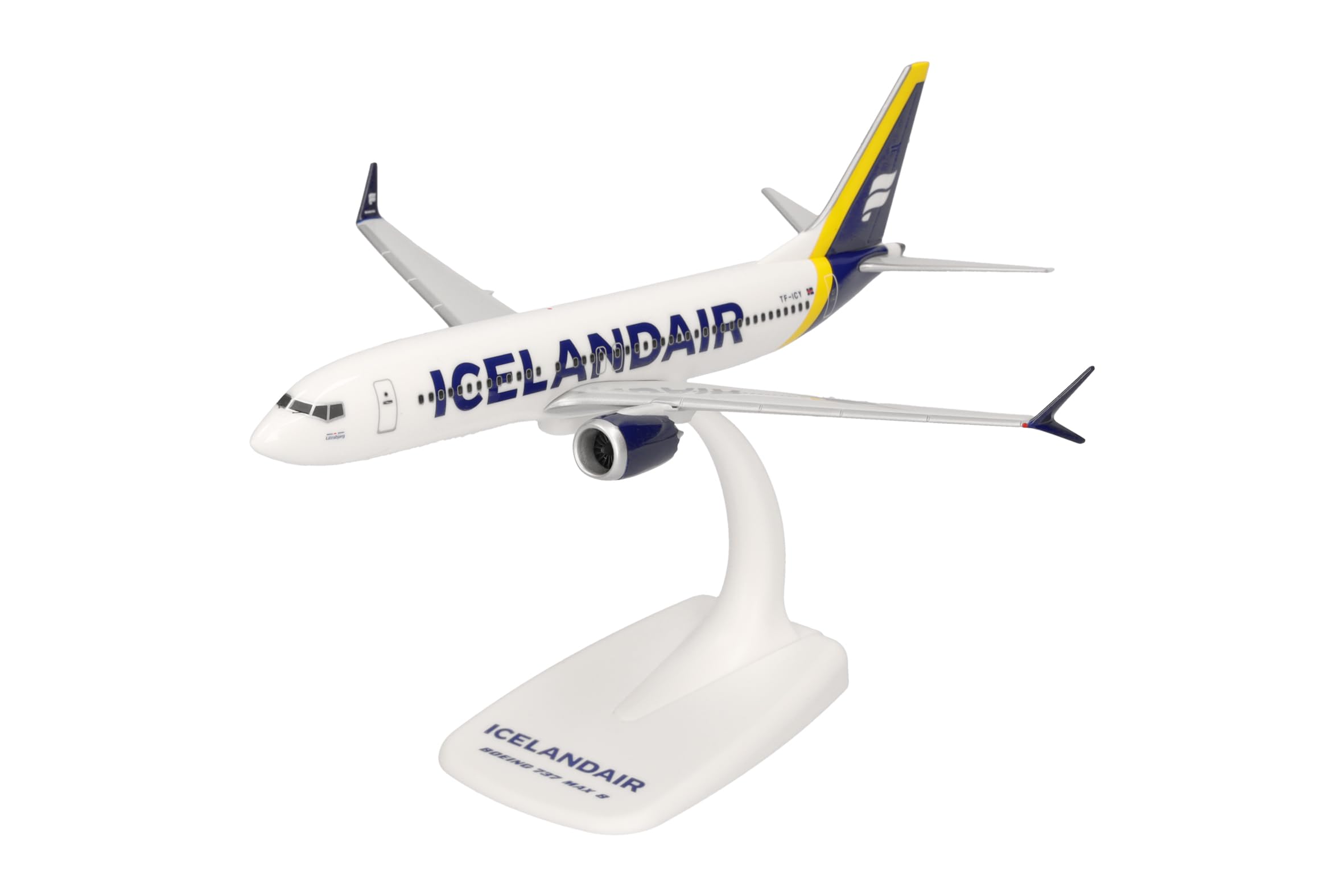 Herpa SnapFit Airplane Model Boeing 737 Max 8 Icelandair yellow tail stripe