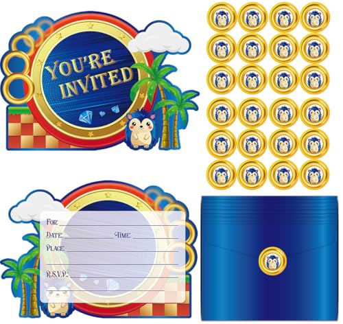 GZDUCK 20Pcs Hedgehog Birthday Invitations- Blue Hedgehog Invitations for Boys, Funny Greeting Cards, Cute Animal Birthday Party Invitations With Sticker Labels 20 Envelope Gifts for Boys Girls